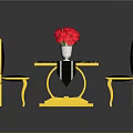 Elegant Dining Table Set With Green Marble Top Golden Frame Black Chairs And Red Flower