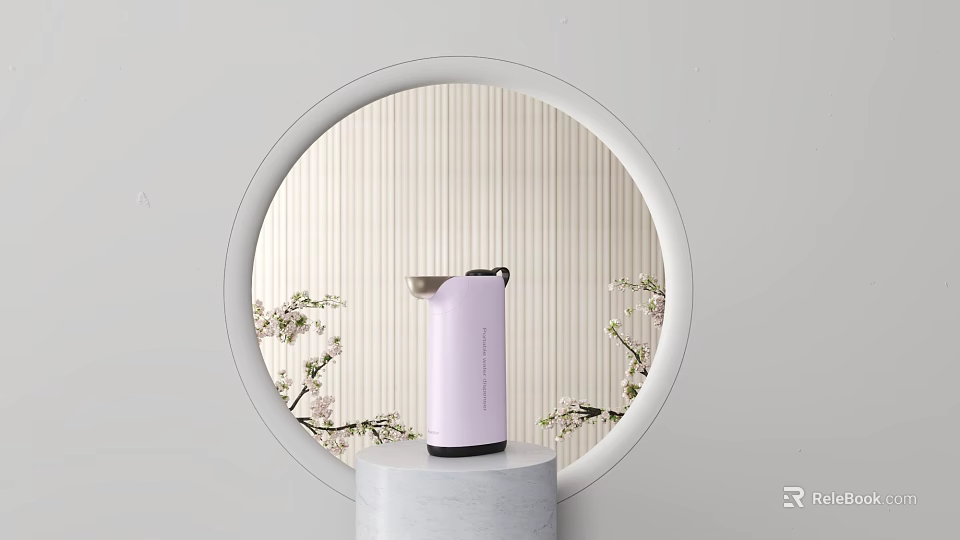 Light Purple Electric Kettle On White Cylindrical Base With Vertical Striped Background And Flower Branches 3d model 