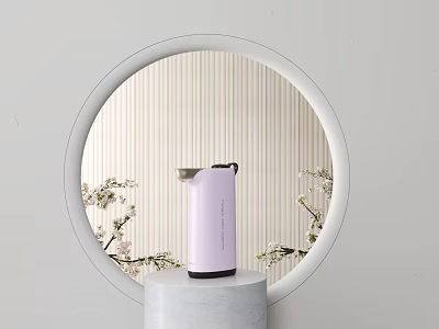 Light Purple Electric Kettle On White Cylindrical Base With Vertical Striped Background And Flower Branches 3d model