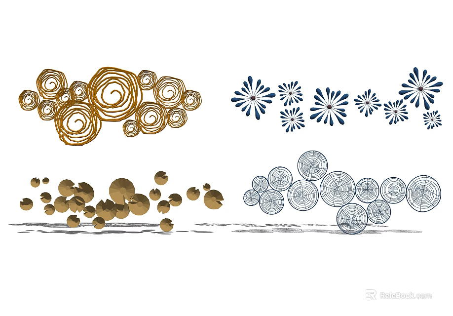 Stylish Wall Decor With Gold Blue Circular Floral Spiral Design Elements 3d model