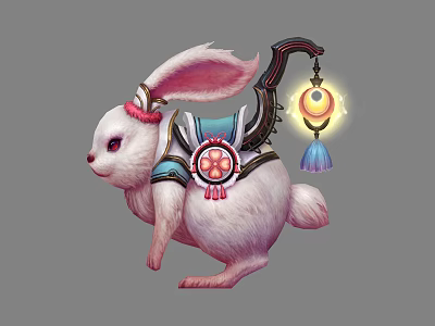 Mythical White Rabbit Character With Decorative Saddle Glowing Lantern Blue Tassel And Red Ornaments 3d model