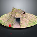 Cartoon Scene Of Traditional Round Hut With Thatched Roof Grass Covered Ground And Wooden Doorway