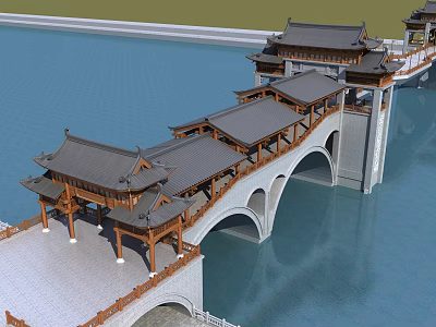 Traditional Chinese Archway Bridge With Arched Structure And Multi Tiered Tiled Roofs Over Water 3d model
