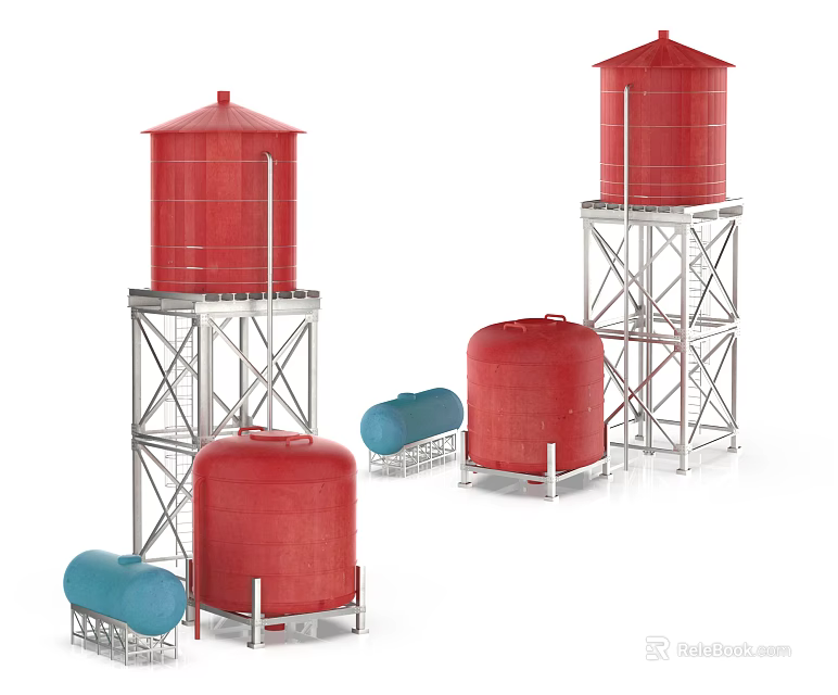 Industrial Equipment Featuring Red Water Towers Metal Frame Supports Red Storage Tanks And Blue Containers 3d model 