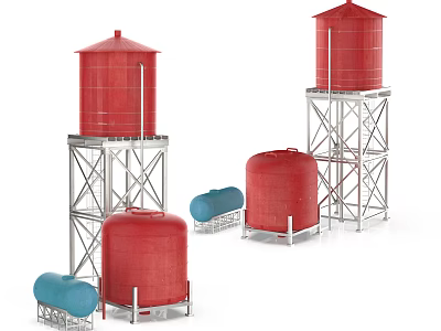 Industrial Equipment Featuring Red Water Towers Metal Frame Supports Red Storage Tanks And Blue Containers 3d model