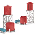 Industrial Equipment Featuring Red Water Towers Metal Frame Supports Red Storage Tanks And Blue Containers 3d model