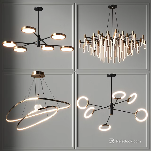 Modern Contemporary Chandelier Designs with Circular Rings Multiple Lights and Metallic Frames 3d model 