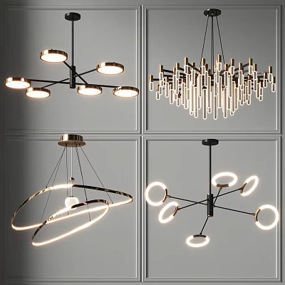 Modern Contemporary Chandelier Designs with Circular Rings Multiple Lights and Metallic Frames 3d model