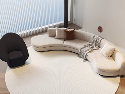 Curved Beige Sofa Coffee Table Set With Pillows Throw Blanket Black Armchair And Window Blinds 3d model