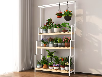Indoor Garden Decor With Multi Tiered Plant Stand Hanging Planters And Various Plants 3d model