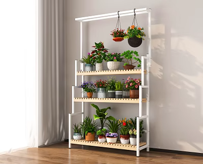 Indoor Garden Decor With Multi Tiered Plant Stand Hanging Planters And Various Plants 3d model