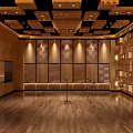 Professional Recording Studio Interior With Wooden Acoustic Panels And Microphone Stands