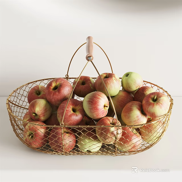 Decorative Ceramic Basket Filled With Red And Green Apples Wooden Handle White Background 3d model 