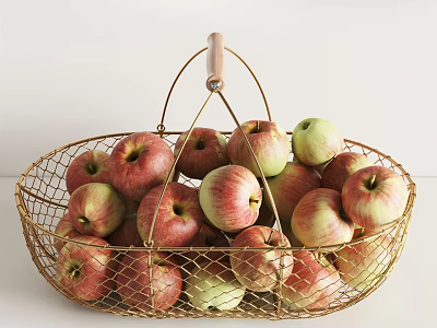 Decorative Ceramic Basket Filled With Red And Green Apples Wooden Handle White Background 3d model