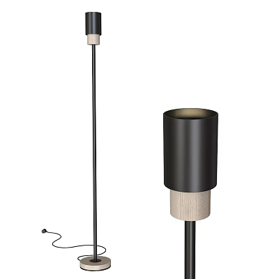 Modern Floor Lamp With Black Cylindrical Shade And Wooden Base Stand 3d model