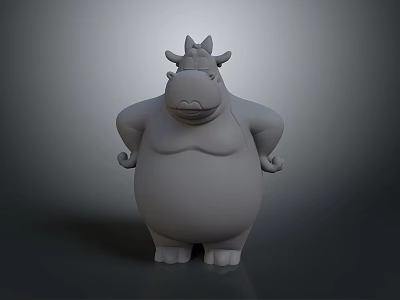 Gray Cartoon Horned Hippo Character With Plump Body Hands On Hips 3d model