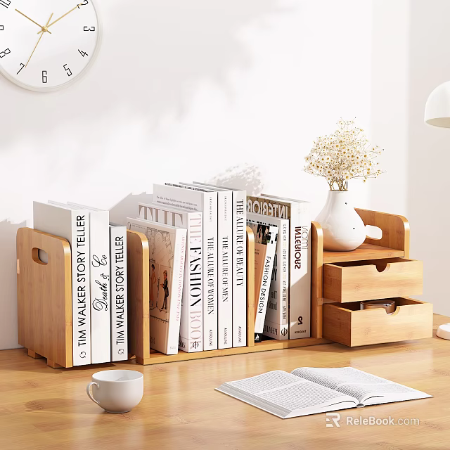 Wooden Bookshelf with Stacked Books Drawers Vase and Open Book on Desk 3d model 