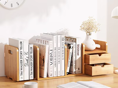 Wooden Bookshelf with Stacked Books Drawers Vase and Open Book on Desk 3d model