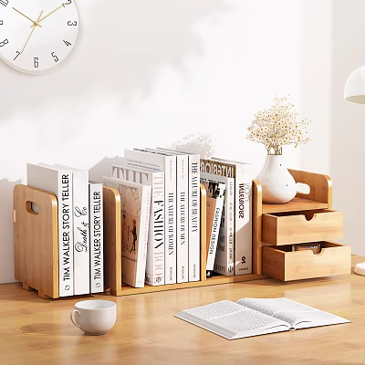 Wooden Bookshelf with Stacked Books Drawers Vase and Open Book on Desk 3d model