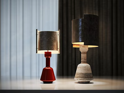 Two Modern Table Lamps With Red And Textured Bases And Metallic Shades On Light Table 3d model