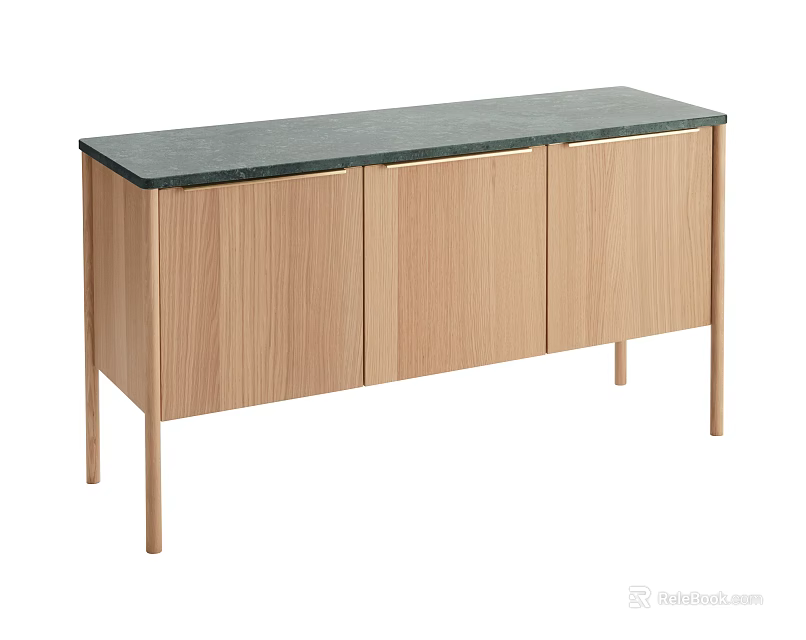 Modern Oak TV Stand With Three Doors Dark Countertop And Slim Legs 3d model 