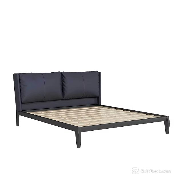 Minimalist Black Metal Frame Double Bed With Wooden Slat Support And Simple Headboard 3d model 
