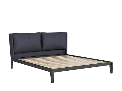 Minimalist Black Metal Frame Double Bed With Wooden Slat Support And Simple Headboard 3d model