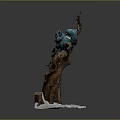Wooden Tree Trunk Sculpture With Blue Cat Figure And Stone Base Decor