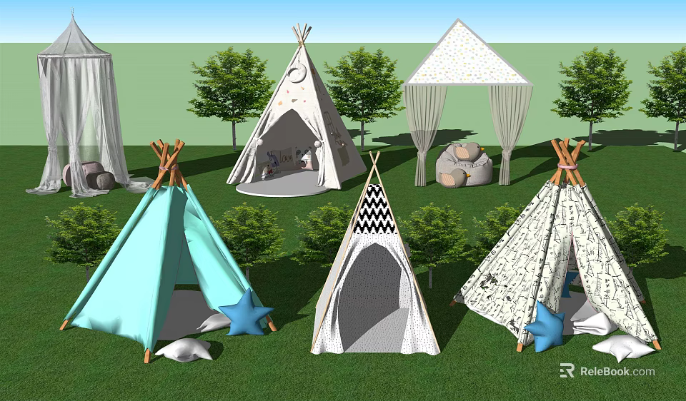 Colorful Teepee Tents In Outdoor Grass Setting With Star Pillows And Trees 3d model 