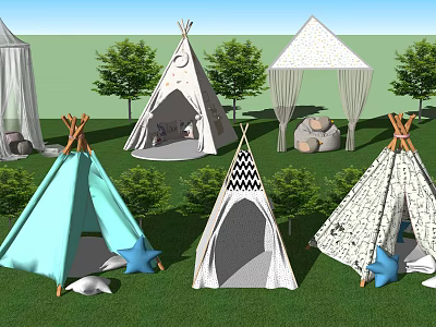Colorful Teepee Tents In Outdoor Grass Setting With Star Pillows And Trees 3d model