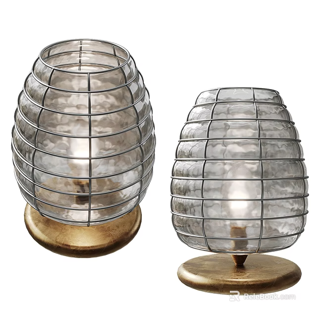 Pair of Table Lamps with Metal Wire Frame Transparent Shade and Wooden Base 3d model 