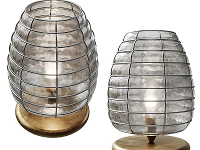 Pair of Table Lamps with Metal Wire Frame Transparent Shade and Wooden Base 3d model