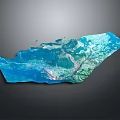 Detailed 3D Terrain Model With Blue Water Green Vegetation And Elevated Landforms