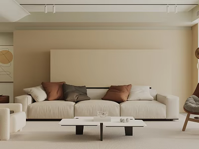 Beige Living Room Interior With Beige Sofa Brown Gray White Pillows And White Coffee Table 3d model