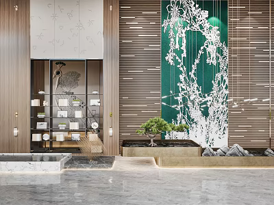 Elegant Green Background Wall With Wooden Panels White Decorative Branches And Indoor Plant 3d model