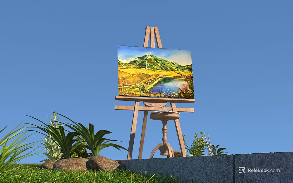Art Supplies Easel With Scenic Landscape Painting Near Green Plants And Stones Under Blue Sky 3d model 