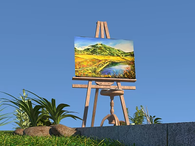Art Supplies Easel With Scenic Landscape Painting Near Green Plants And Stones Under Blue Sky 3d model