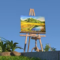 Art Supplies Easel With Scenic Landscape Painting Near Green Plants And Stones Under Blue Sky