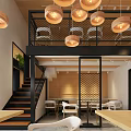 Modern Restaurant Interior Design With Wooden Pendant Lights Comfortable Tables And Open Space