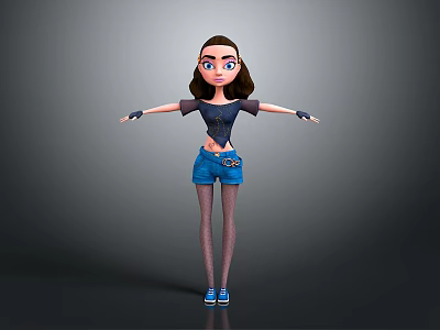 3D Character Girl In Black Top Blue Shorts Black Fishnet Stockings Arms Outstretched Gray Background 3d model