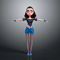 3D Character Girl In Black Top Blue Shorts Black Fishnet Stockings Arms Outstretched Gray Background