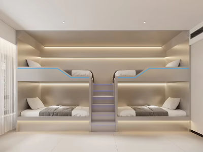 Modern Hotel Room With Bunk Beds Four Beds White Design Staircase Built In Lighting Strips 3d model