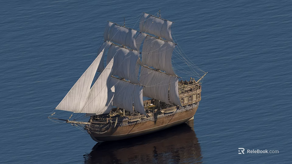 Sailing Ship With White Sails And Wooden Hull Sailing On Calm Blue Sea 3d model 