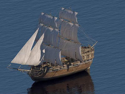 Sailing Ship With White Sails And Wooden Hull Sailing On Calm Blue Sea 3d model