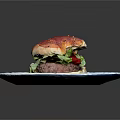 Juicy Hamburger With Beef Patty Fresh Lettuce Red Tomato Melted Cheese On Blue Floral Plate