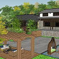Traditional Wooden Homestay Building With Black Roof Courtyard Stone Path And Greenery