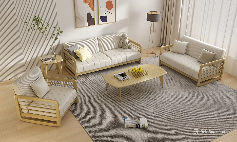 Modern Living Room With Light Colored Sofa Set And Wooden Coffee Table Plus Throw Pillows 3d model 