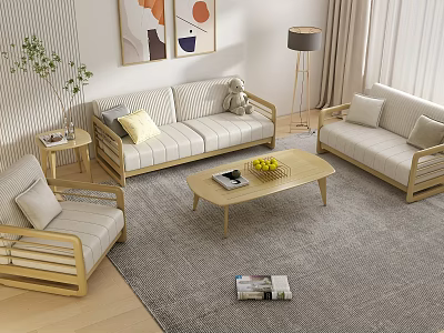 Modern Living Room With Light Colored Sofa Set And Wooden Coffee Table Plus Throw Pillows 3d model