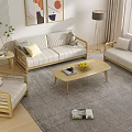 Modern Living Room With Light Colored Sofa Set And Wooden Coffee Table Plus Throw Pillows