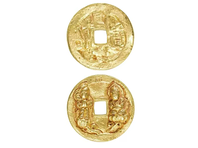 Golden Ancient Coin Jewelry With Carved Patterns And Traditional Inscriptions 3d model